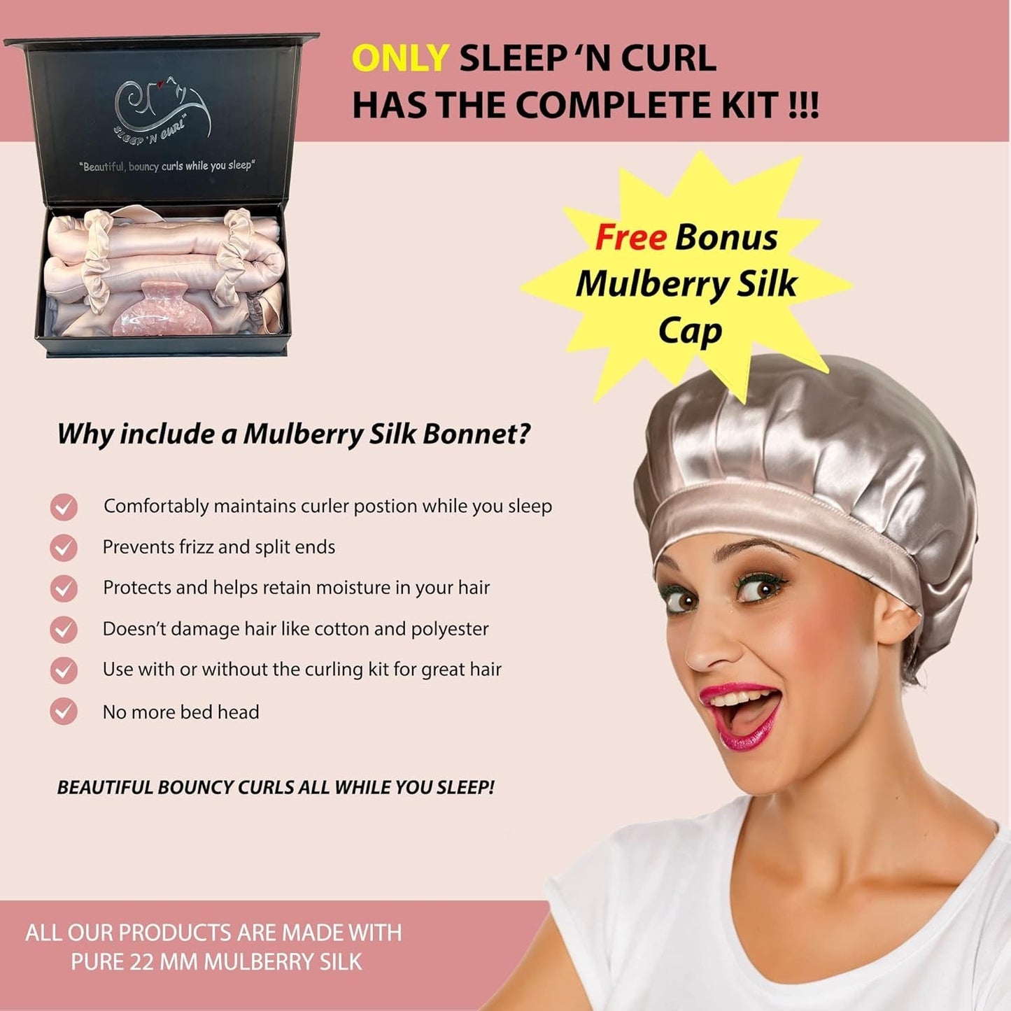 Sleep ‘N Curl - 100% Pure Mulberry Silk - Heatless Hair Curler KIT with Cap