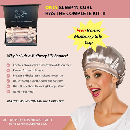 Sleep ‘N Curl - 100% Pure Mulberry Silk - Heatless Hair Curler KIT with Cap