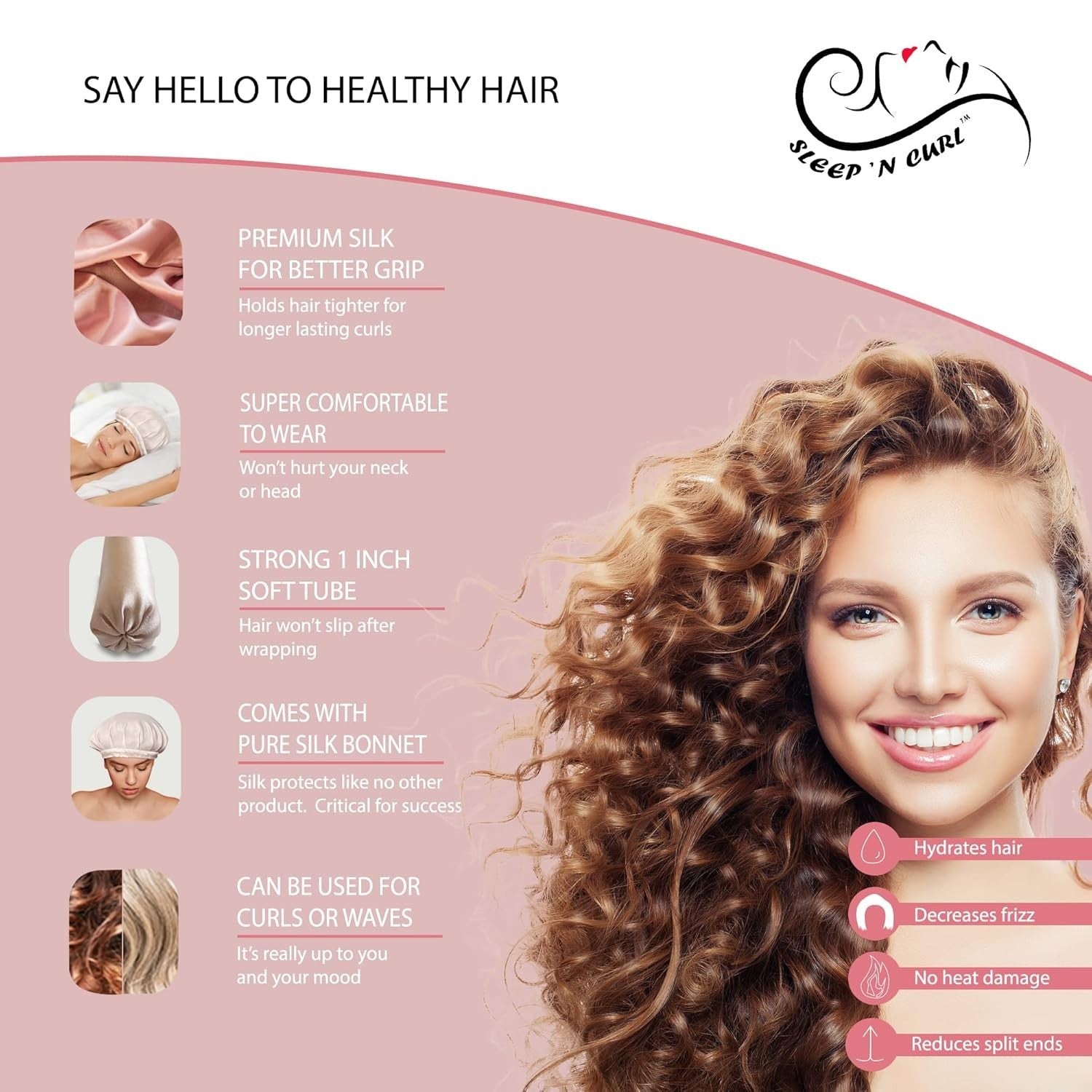 Sleep ‘N Curl - 100% Pure Mulberry Silk - Heatless Hair Curler KIT with Cap